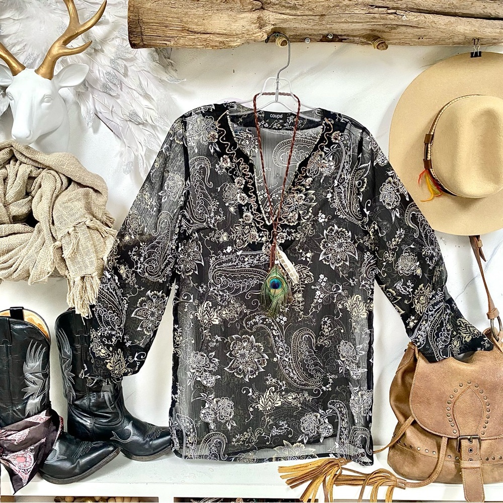 Semi sheer boho blouse w sequined /beaded detailing paisley Gypsy western vibe